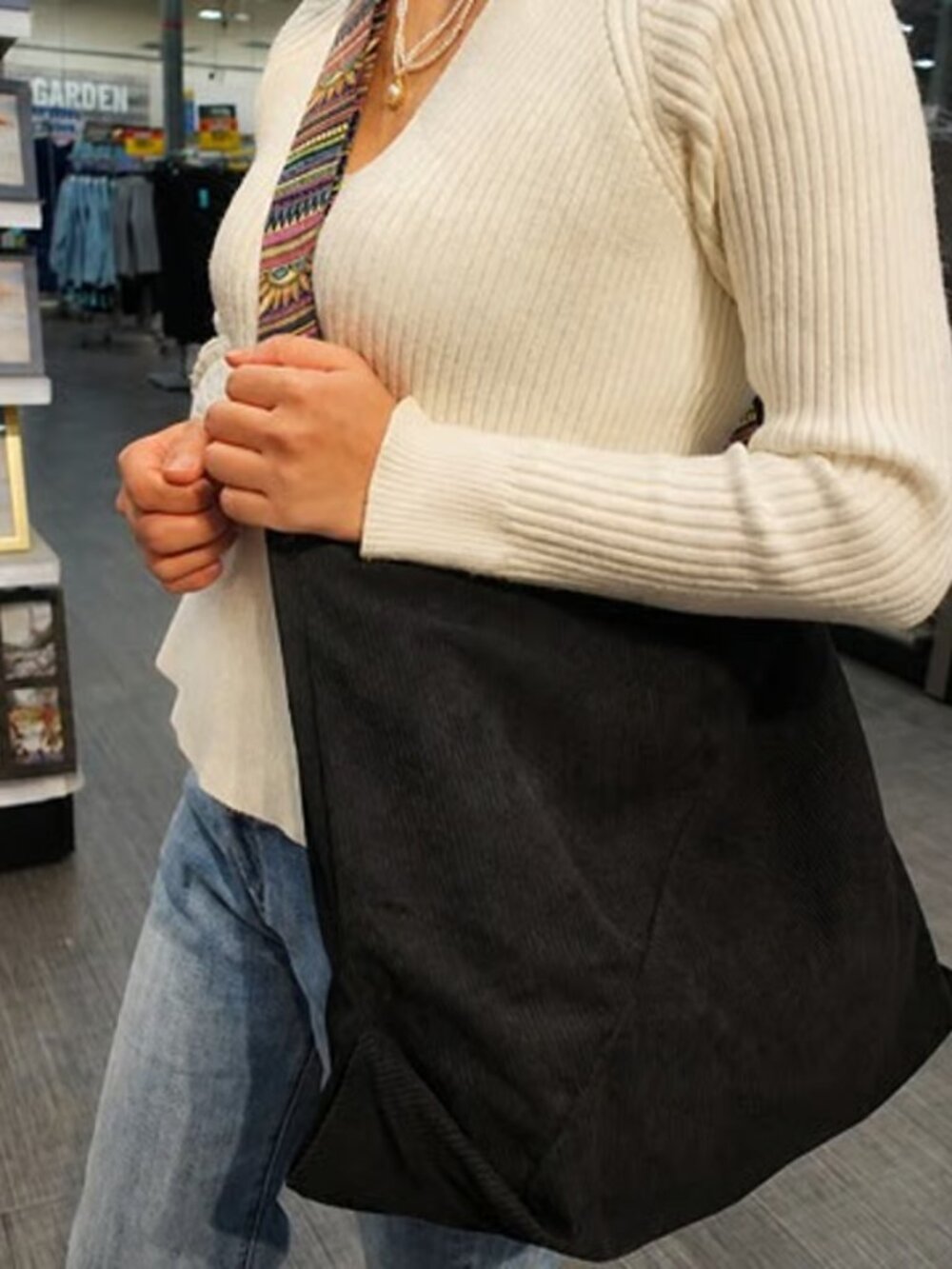 BLACK Corduroy Crossbody Bag, Large Slouchy Tote, Guitar Strap Shoulder Bag